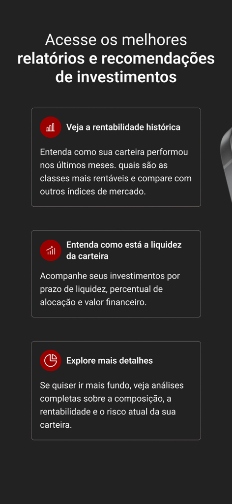 Santander Corretora: taxa 0 - Investment reports and portfolio analysis features in the Santander Corretora app.