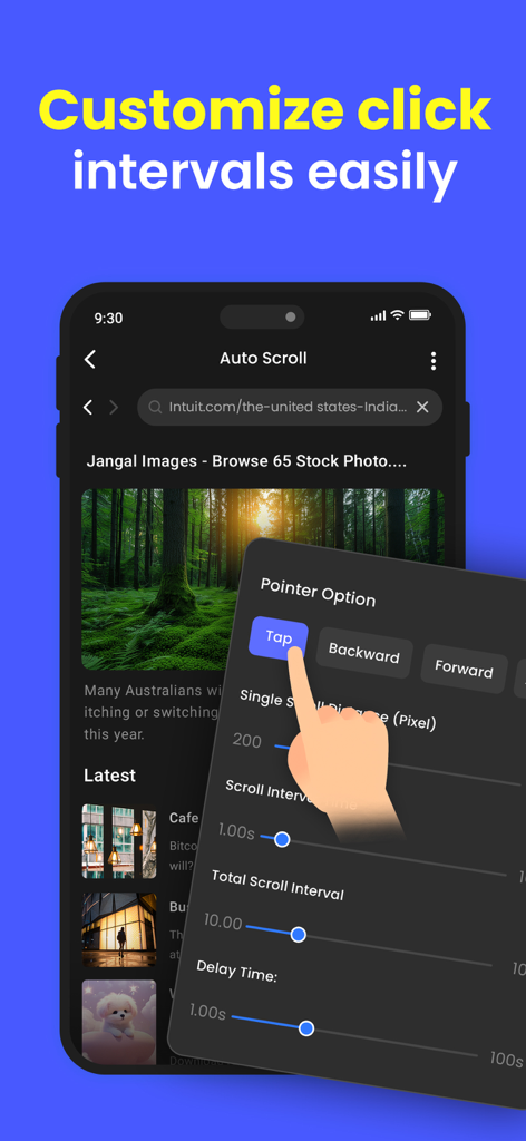 Auto Clicker - Self Clicker - Interface showing customization options for tap and scroll intervals in the Auto Clicker app