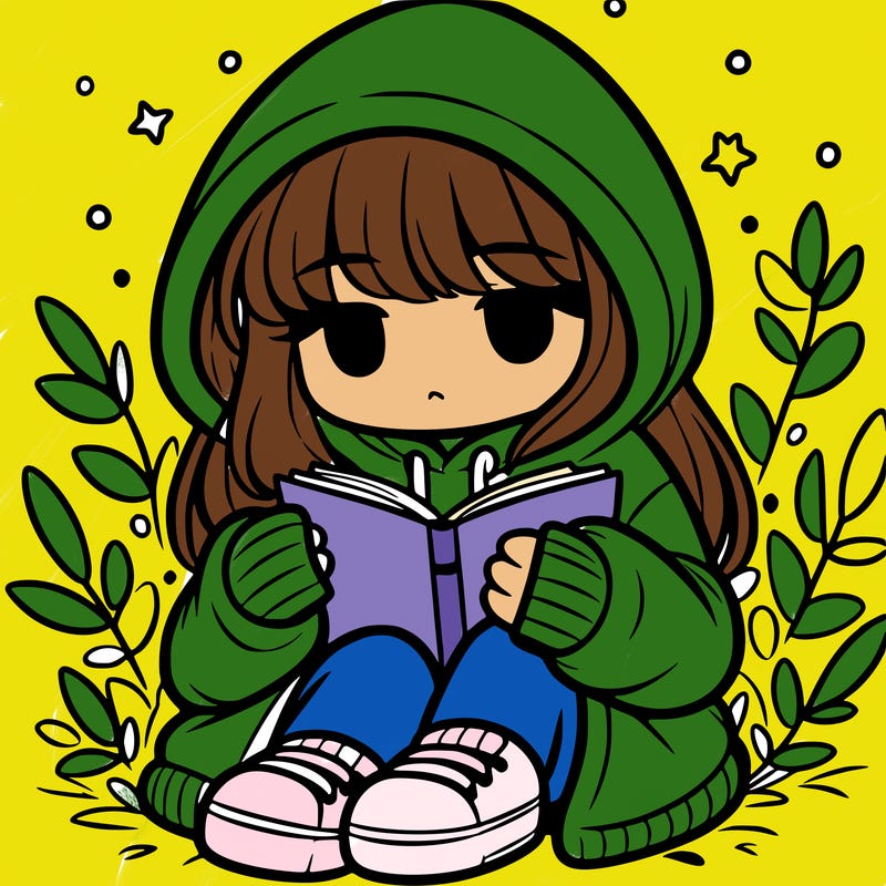 girl in oversized hoodie reading a book