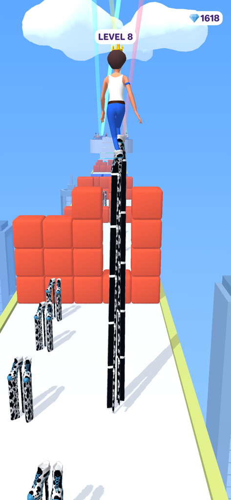 High Heels! - A game character walking on extremely tall cow print heels to cross obstacles in the High Heels mobile app.