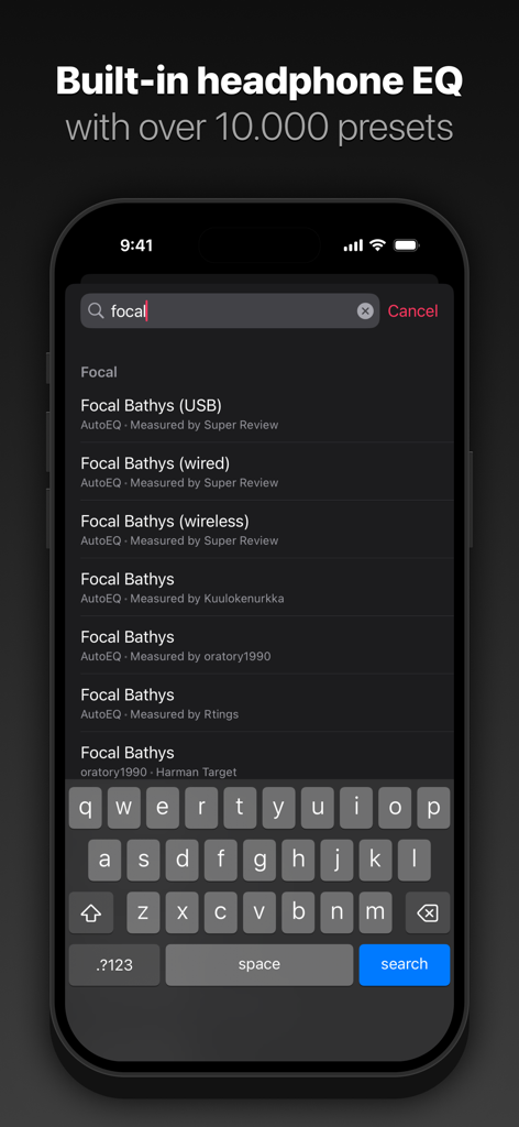 Pentaton: HiFi Offline Music - Pentaton app interface showing the built-in headphone EQ with presets for Focal headphones