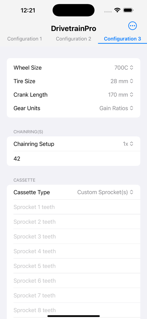 DrivetrainPro mobile app interface showing bike gear configuration settings for wheel size tire size and chainrings