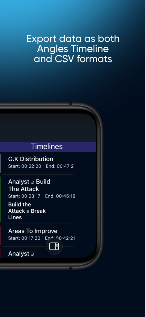 스포츠 성능 타임라인과 데이터 항목 및 CSV 및 Angles Timeline 형식으로 내보내기 옵션이 있는 스마트폰 화면.