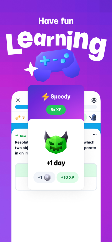 Una captura de pantalla de la aplicación Gizmo que muestra recompensas de estudio gamificadas que incluyen puntos de experiencia y rachas diarias con un ícono de control de juego