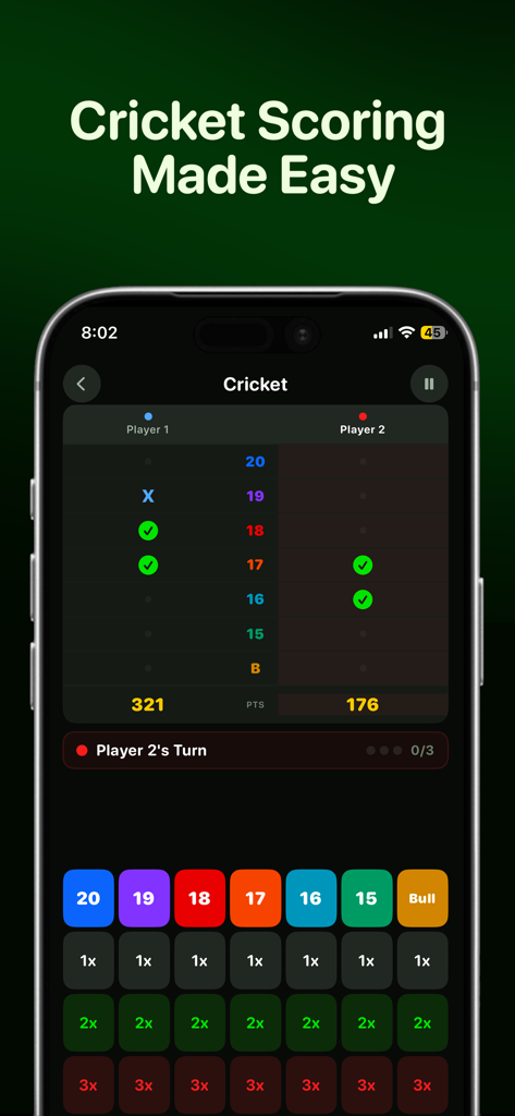 Darts Scoreboard: 501 & 301 - A mobile phone displaying a cricket darts match scoreboard with progress tracking for two players