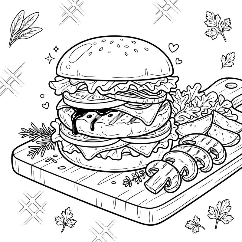 Dive into the delicious world of gourmet veggie burgers with this mouth-watering Portobello mushroom burger coloring page. Featuring rich details from grilled patties to fresh toppings, it's perfect for food enthusiasts of all ages.