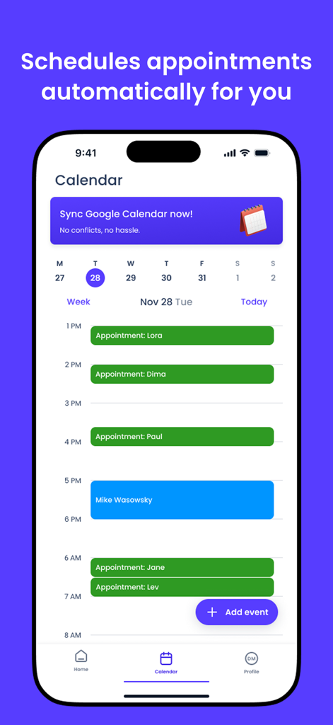 A smartphone screen displaying the Voctiv app calendar with automated business appointments and a Google Calendar sync banner