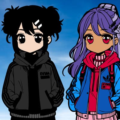 two anime girls wearing streetwear