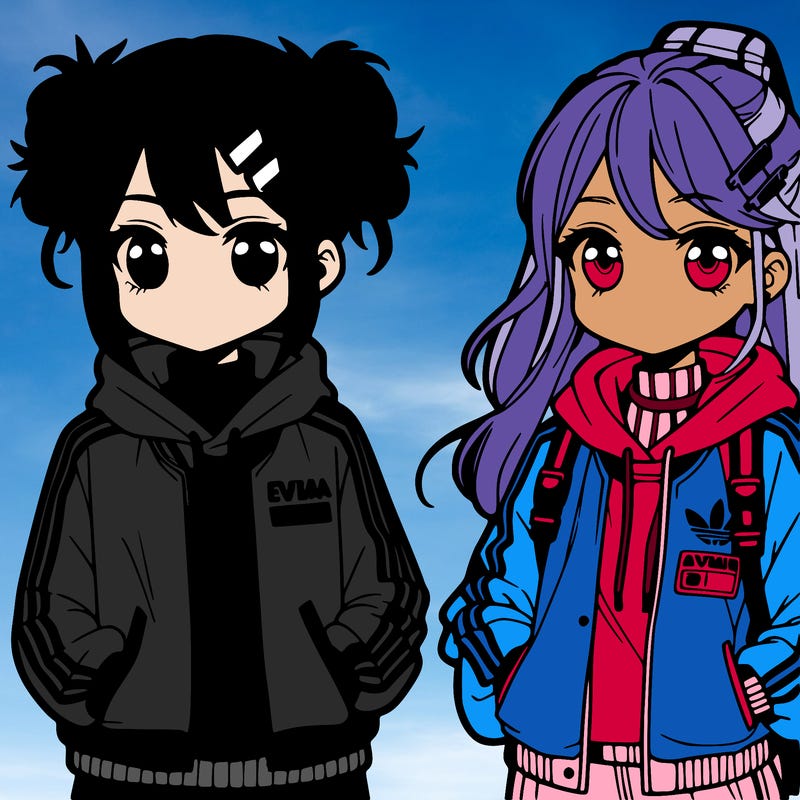 two anime girls wearing streetwear