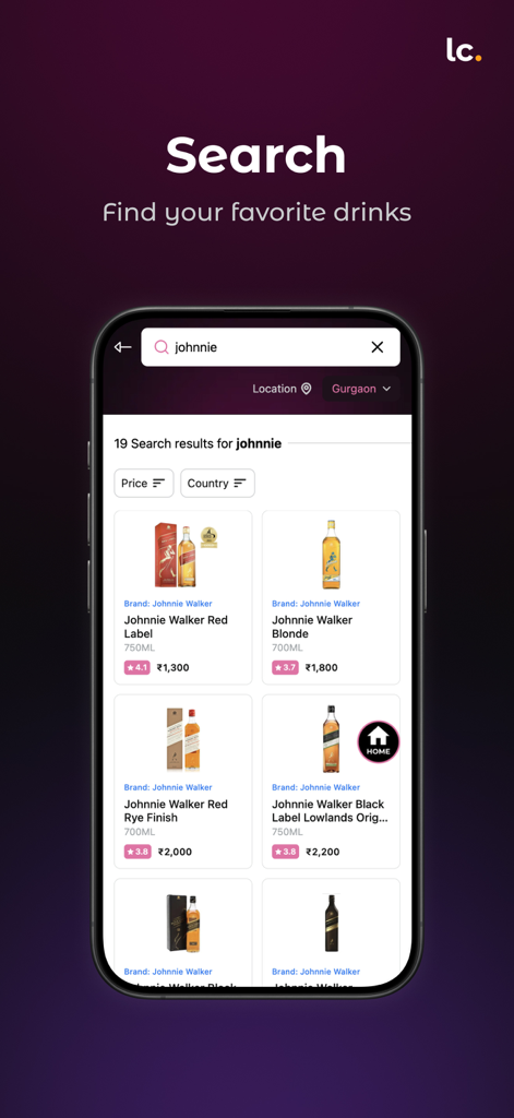Livcheers - Alcohol Discovery - A search results screen in the Livcheers app displaying various Johnnie Walker whiskey products with their prices and ratings.