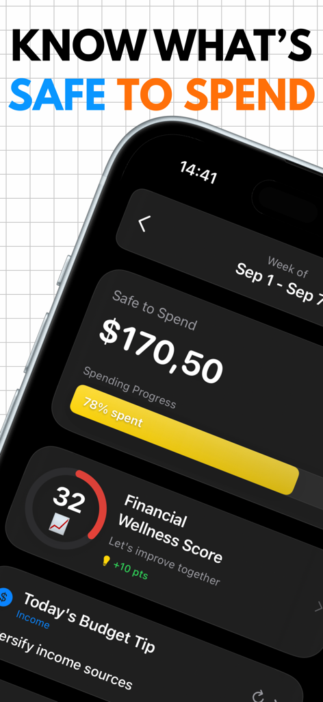 Safe to spend dashboard and financial wellness score on Actual Budget spending tracker app