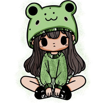a girl wearing a frog hat and some frog socks