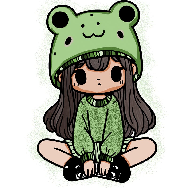 a girl wearing a frog hat and some frog socks