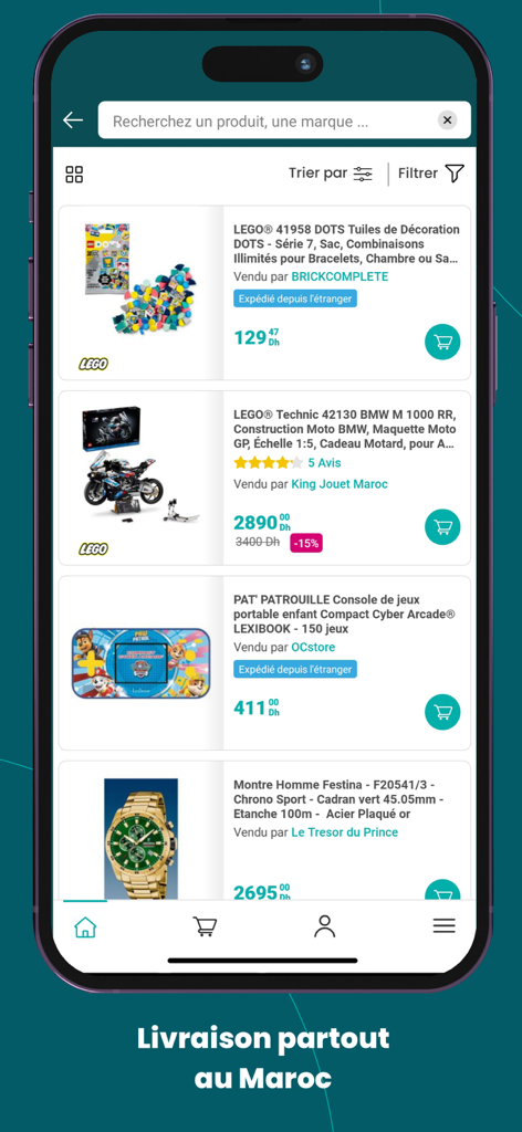 Mobile app screen showing various product listings on marjanemall for delivery in Morocco