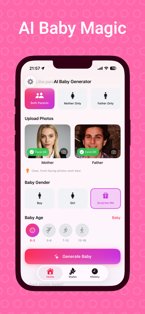 AI Baby Generator - Pēpe - The AI Baby Generator app interface showing the parent photo upload screen with gender and age selection