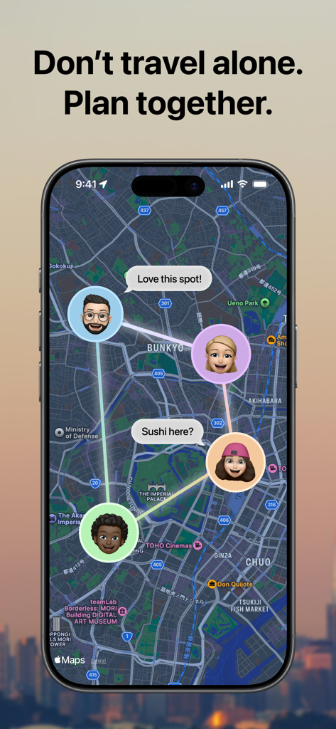 The ikisaki app interface showing friends collaborating on a trip plan using a map with avatars and chat bubbles
