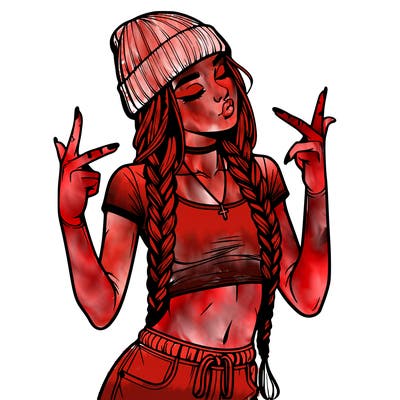 realistic teenage girl with braids and a beanie and crop top doing 🫶🏼