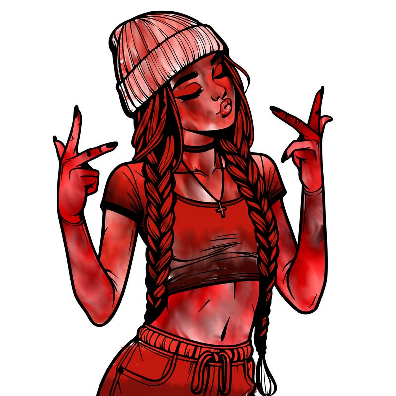 realistic teenage girl with braids and a beanie and crop top doing 🫶🏼