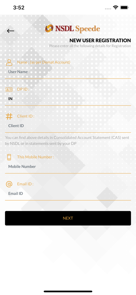 NSDL Speede App - NSDL Speede App new user registration screen with fields for Demat account details