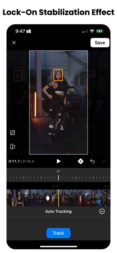 Motion Track: After Effect VFX - トラッキングボックスがダンサーにロックオンされたロックオンスタビライゼーションエフェクトを示すビデオ編集インターフェース。