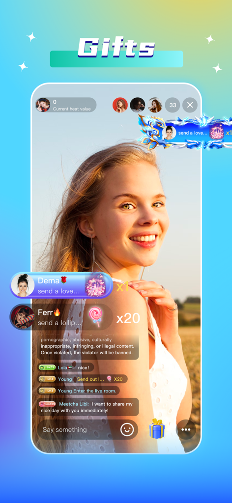 Doli Live Stream & Party - Interface of Doli Live Stream showing a creator receiving virtual gifts during a broadcast.