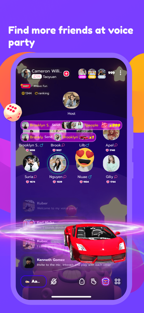 Interface of the Voya app showing a group voice party with user avatars and a virtual red sports car gift animation