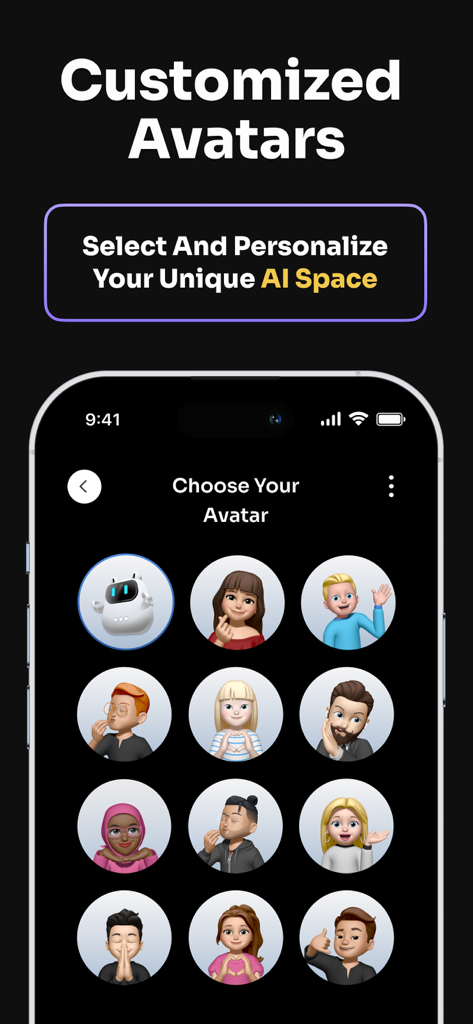 Auswahlbildschirm mit vielfältigen 3D-Avataren in der ChatAssist KI-App