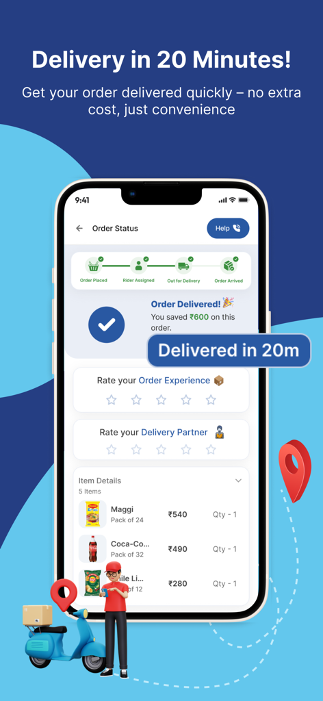 페어딜 마켓 앱 주문 상태 화면, Maggi 및 Coca Cola와 같은 소매 재고 품목에 대한 20분 배송 확인 표시