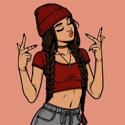 realistic teenage girl with braids and a beanie and crop top doing 🫶🏼