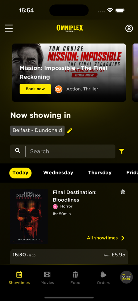 Omniplex Cinemas mobile app interface showing movie showtimes and featured film listings.