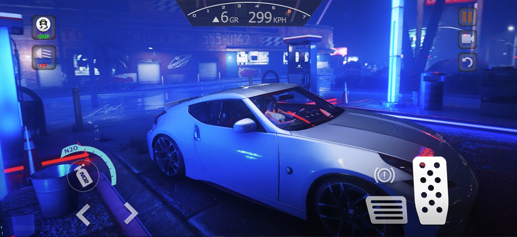 White sports car at a night gas station in Car Driving School Open World