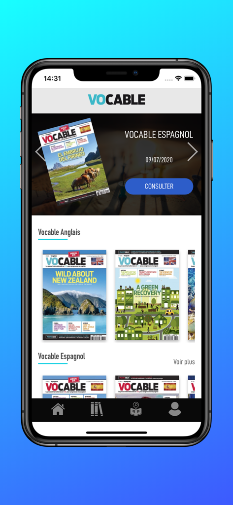 Vocable - Vocable app home screen showing international news magazine covers for learning English and Spanish