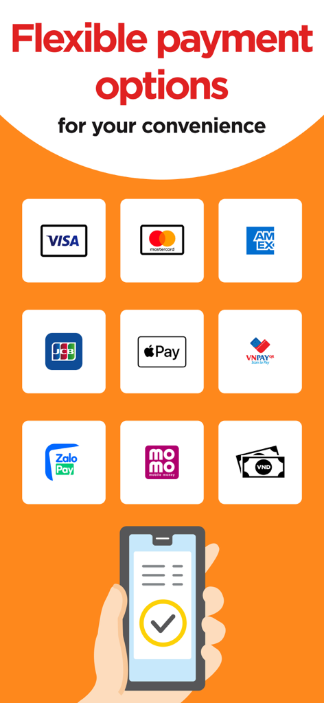 Capichi app screen showing flexible payment options including Visa Mastercard Apple Pay and local Vietnamese e-wallets like Momo and ZaloPay