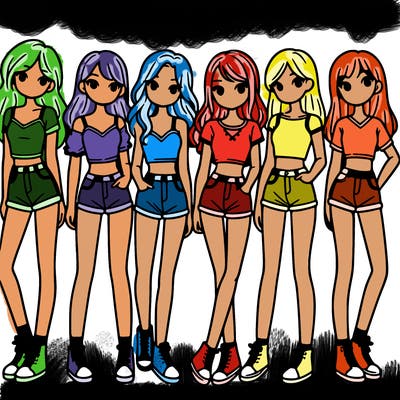 a group of girls wearing crop tops and shorts