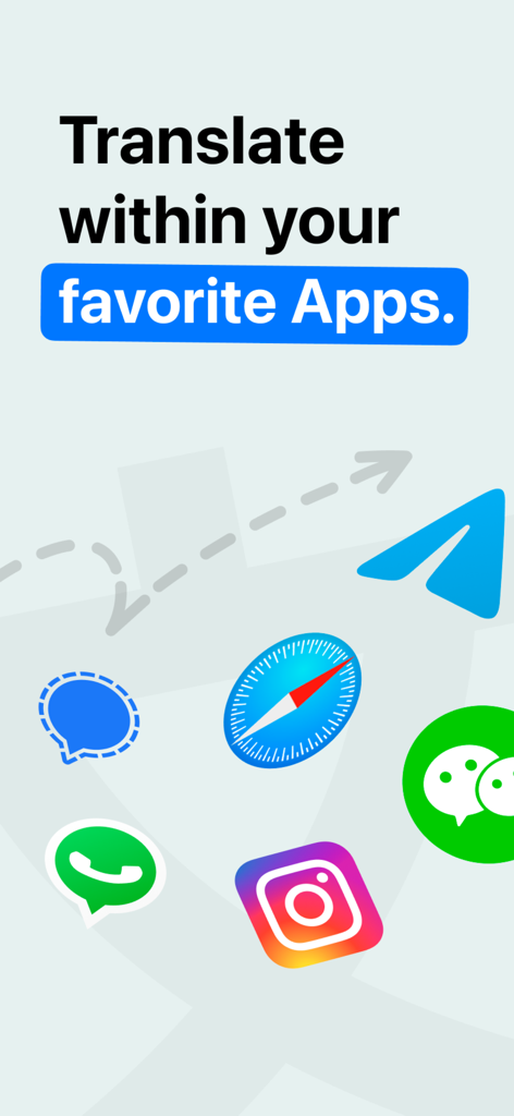 Uma visualização mostrando que o teclado tradutor funciona em aplicativos populares como WhatsApp, Instagram e Telegram