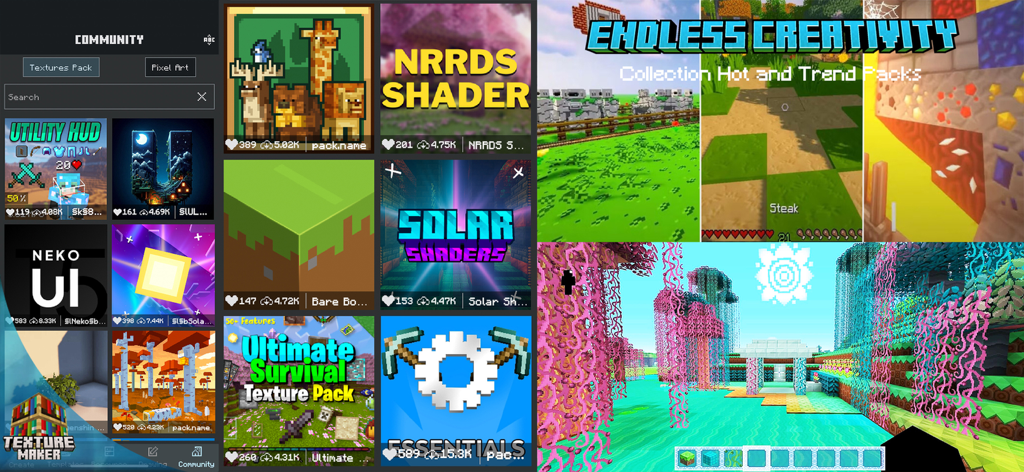 Texture maker for Minecraft PE - Screenshot of the community gallery in Texture Maker for Minecraft PE showing trending resource packs and shaders