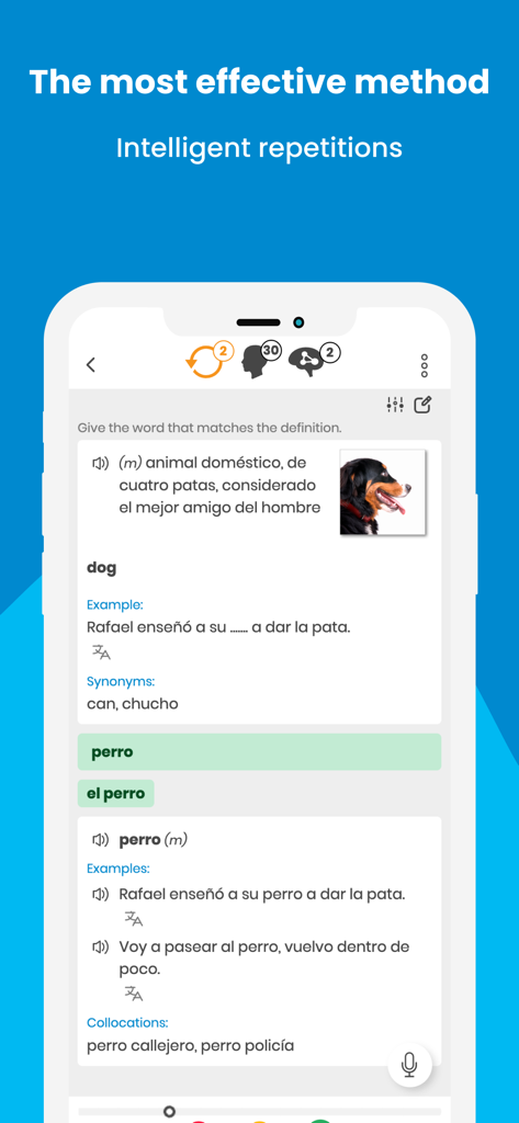 SuperMemo – effective learning - SuperMemo app interface displaying a Spanish vocabulary flashcard for the word dog with definitions and examples