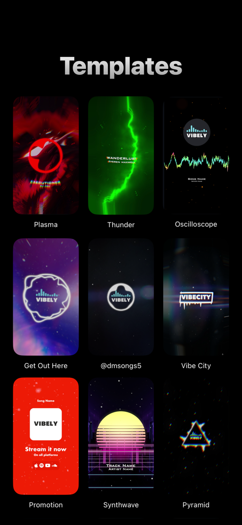 A collection of music visualization templates in the Vibely app featuring synthwave thunder and oscilloscope styles