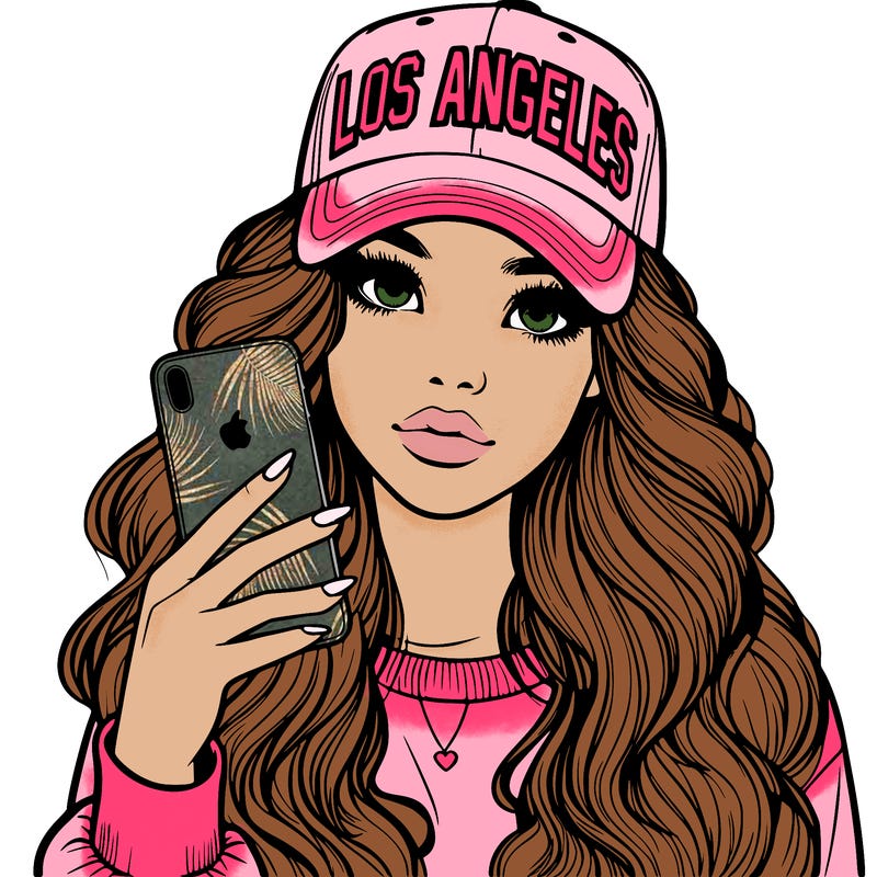realistic beautiful girl wearing los ángeles cap holding an iphone