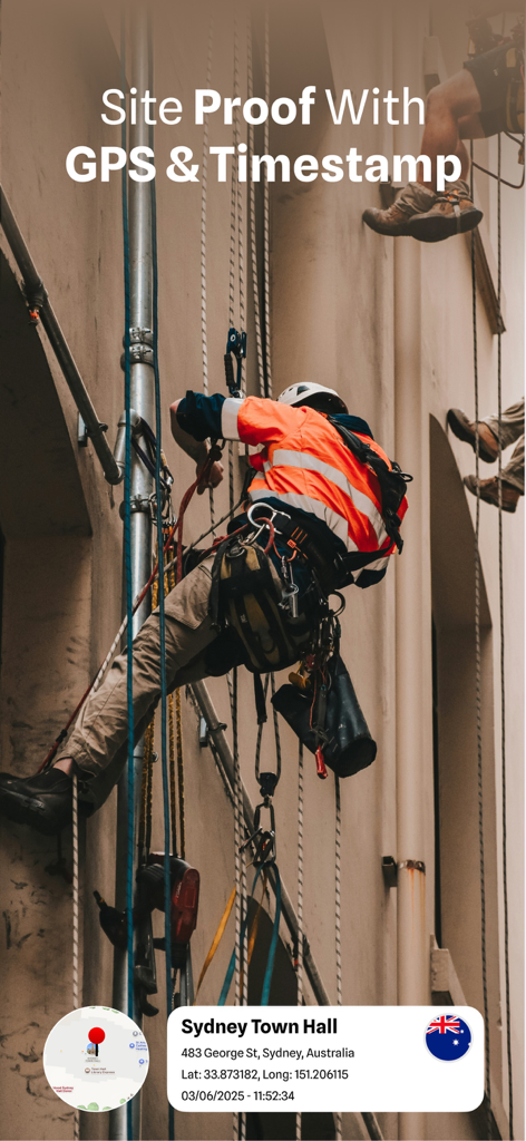 Construction worker documenting site progress with GPS coordinates and timestamp overlay