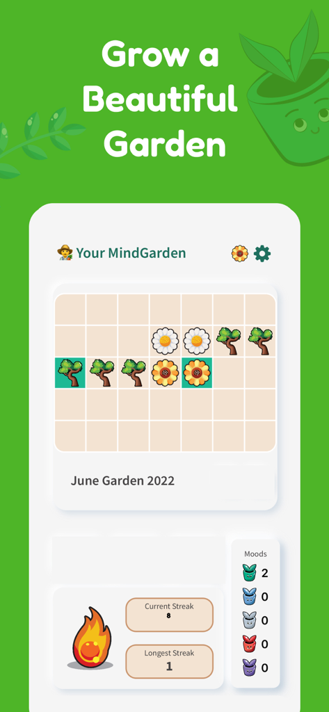 Screenshot of MindGarden app showing a gamified meditation garden grid with plant icons and daily streak tracking