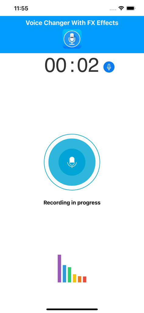 Voice Changer With FX Effects - Interface do usuário do aplicativo Gravador de Voz com Efeitos FX mostrando uma gravação de voz ativa com um cronômetro