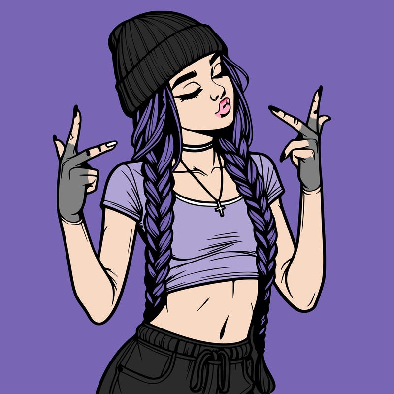 realistic teenage girl with braids and a beanie and crop top doing 🫶🏼
