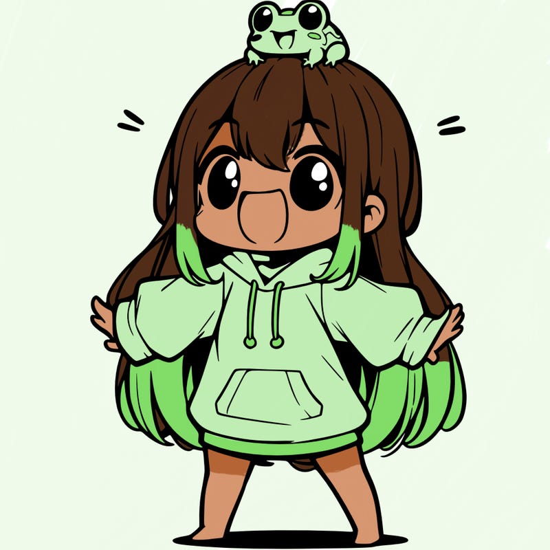 a excited chibi girl whith long hair and a baggy shirt whith a frog on there head
