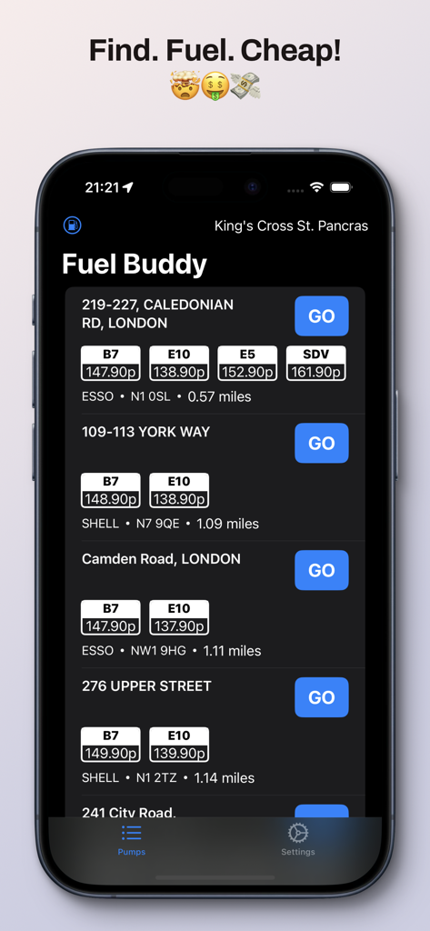 Fuel Buddy app interface showing a list of nearby gas stations with current petrol and diesel prices and navigation buttons