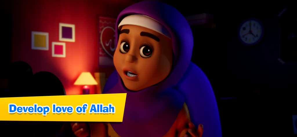 Ali and Sumaya: School - Personagem animada em 3D Sumaya com o texto Desenvolva o amor por Allah