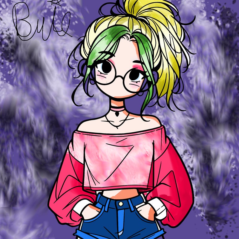 girl with a messy ponytail glasses a baggy crop top and jean shorts