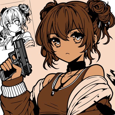teenage anime girl baddie in a messy bun holding a gun