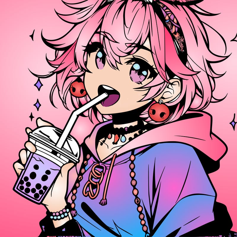 hot baddie anime girl drinking boba and biting the straw