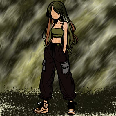 girl in baggy pants crop top and long hair